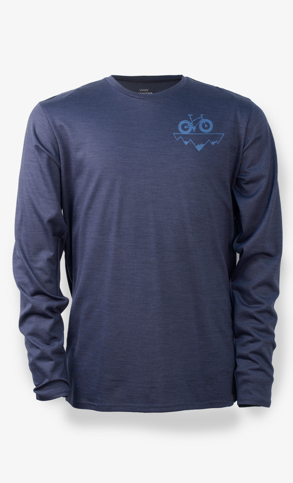 Chandail en laine mérinos bleu nuit avec imprimé vélo Winter Bike, manches longues pour homme.
